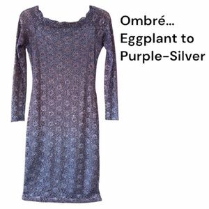 Ombré Shimmery Lace Midi BodyCon Long Sleeve Dress